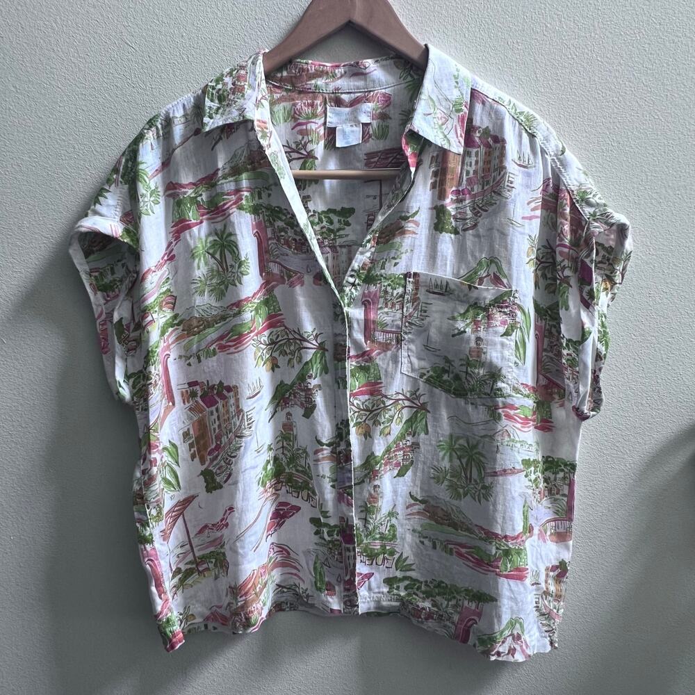 Cynthia Rowley White Tropical Print Short Sleeve Button-Up Blouse